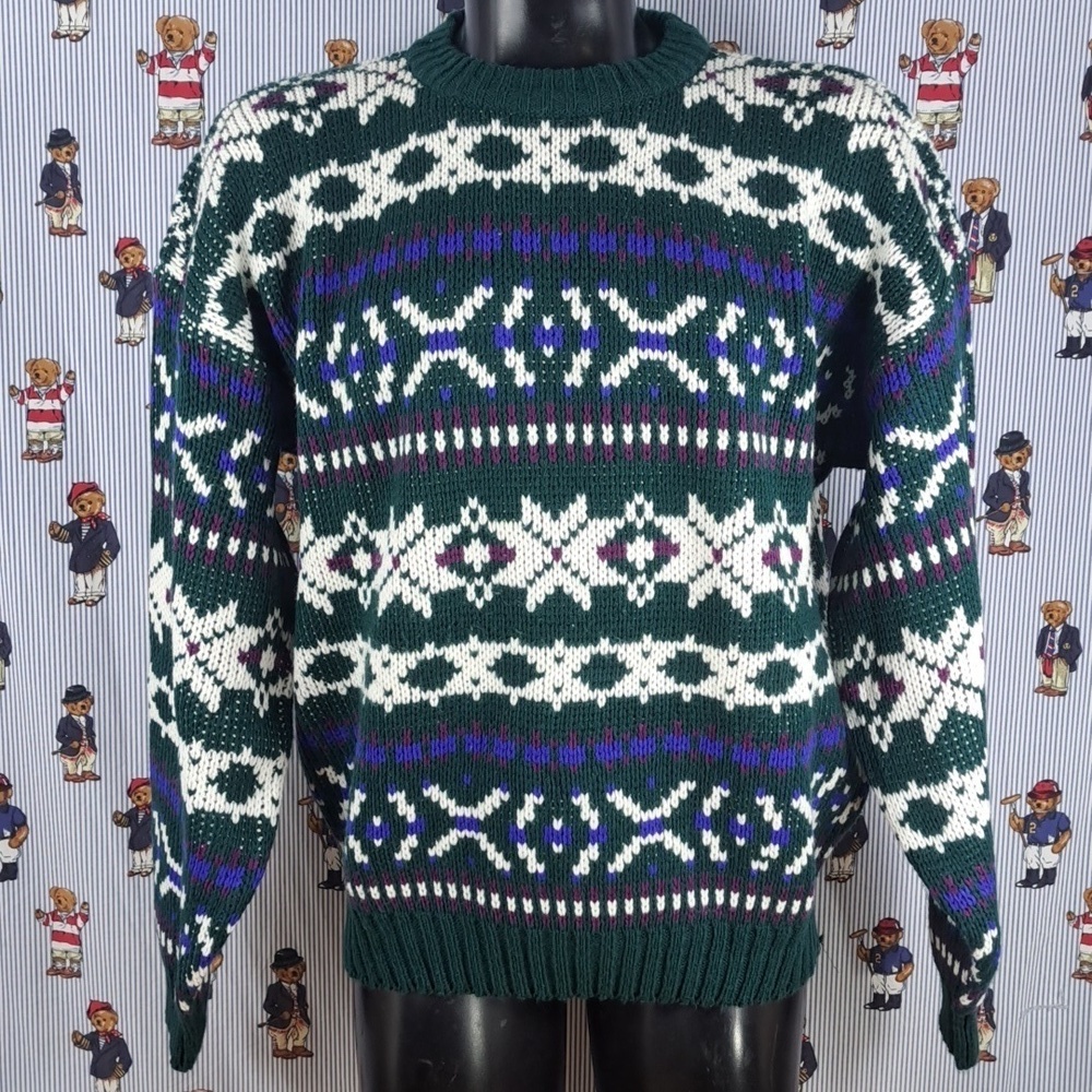 Vintage Brittany Bay green & white geo  chunky knit pullover casual XL sweater